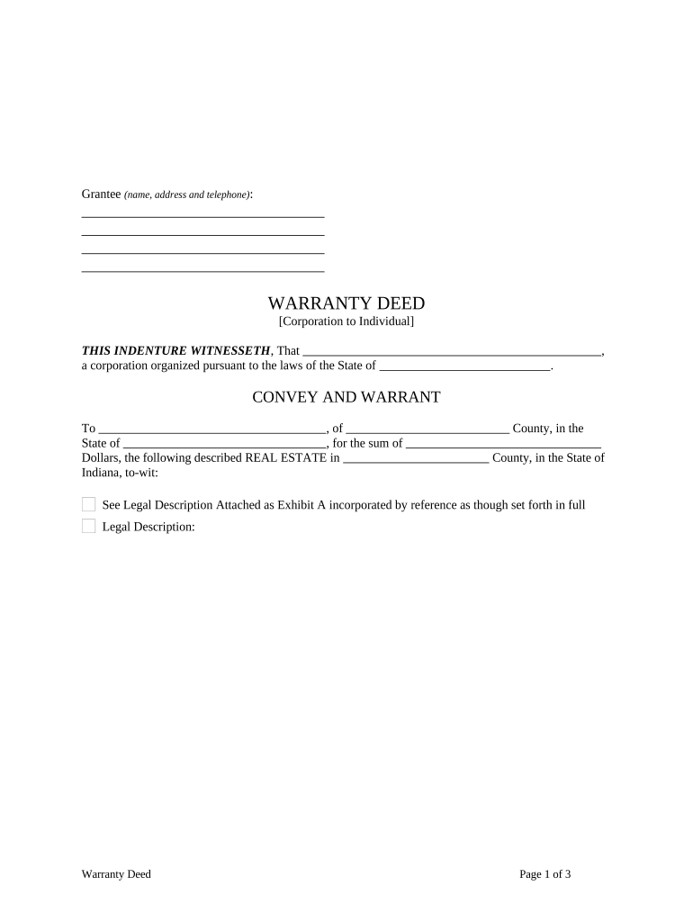 Warranty Deed from Corporation to Individual Indiana  Form