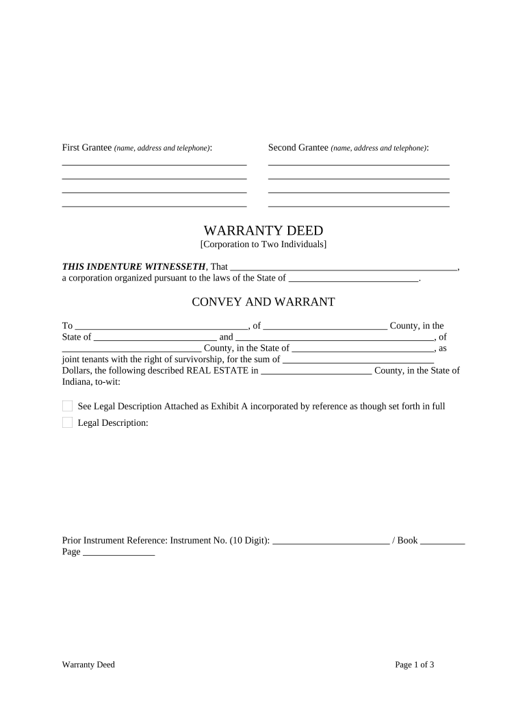 Warranty Deed from Corporation to Two Individuals Indiana  Form