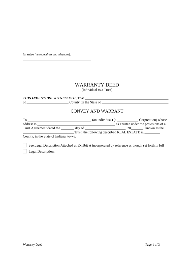 Warranty Deed from Individual to a Trust Indiana  Form