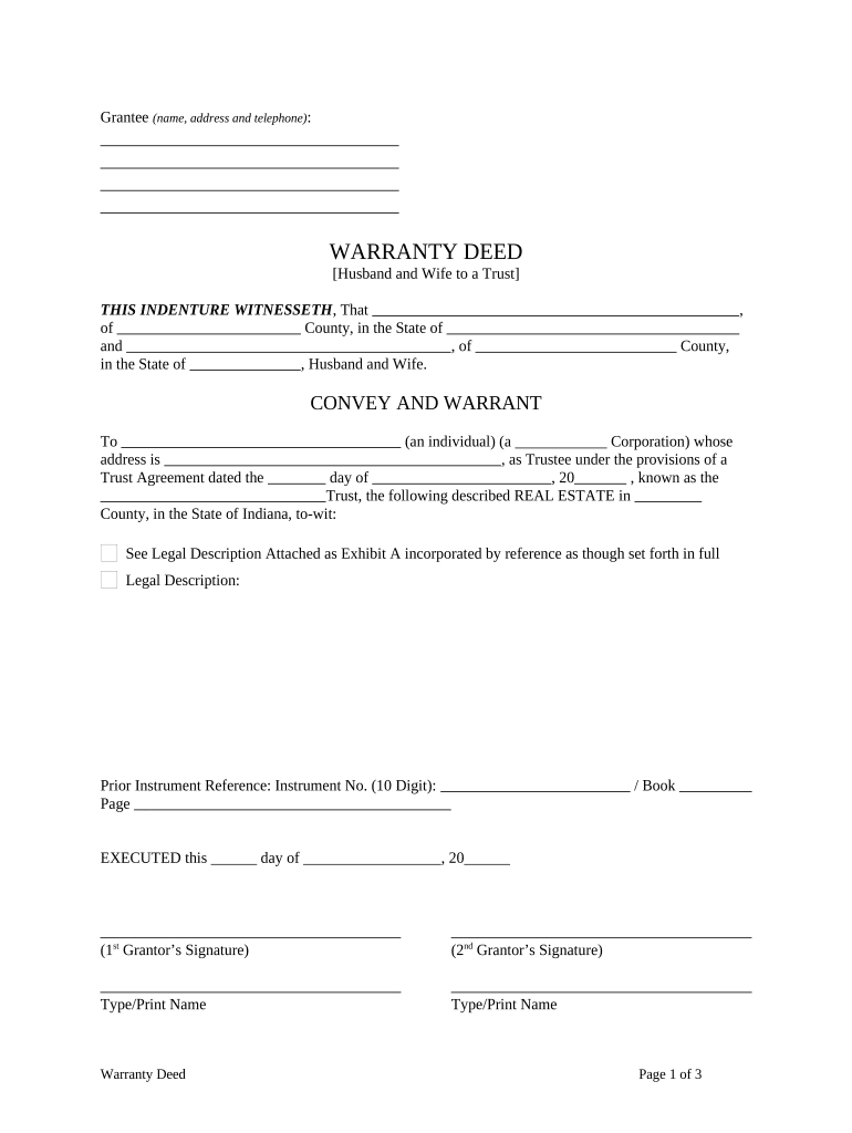 Warranty Deed from Husband and Wife to a Trust Indiana  Form