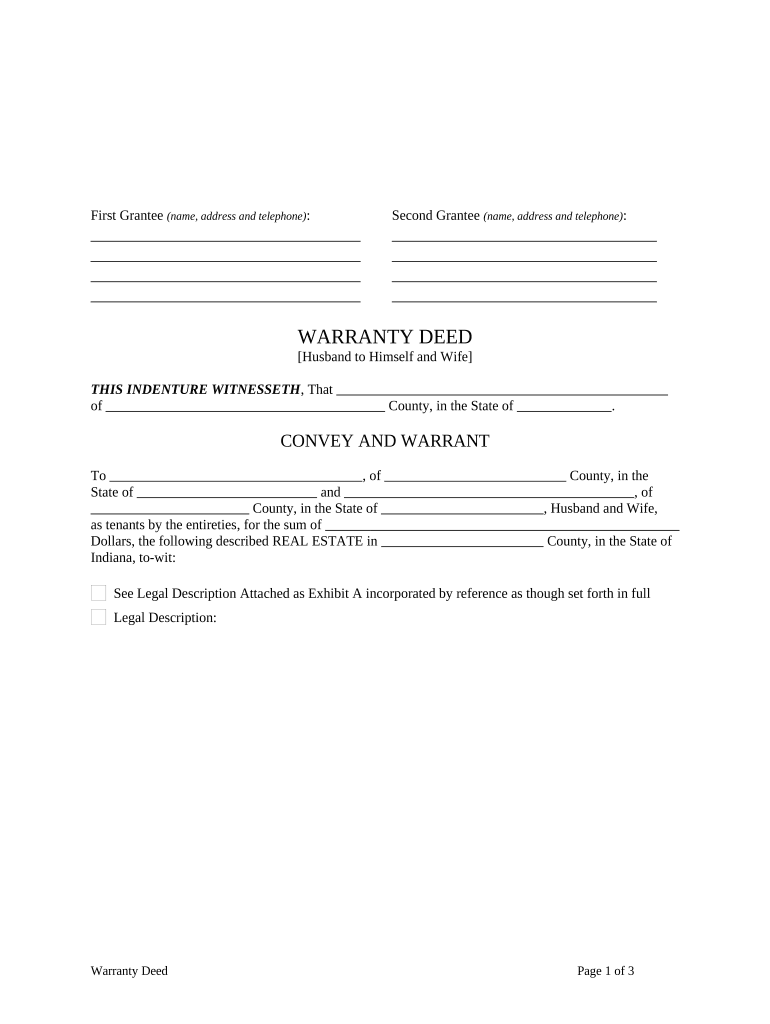 Warranty Deed from Husband to Himself and Wife Indiana  Form