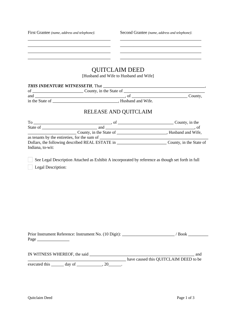 Quitclaim Deed from Husband and Wife to Husband and Wife Indiana  Form