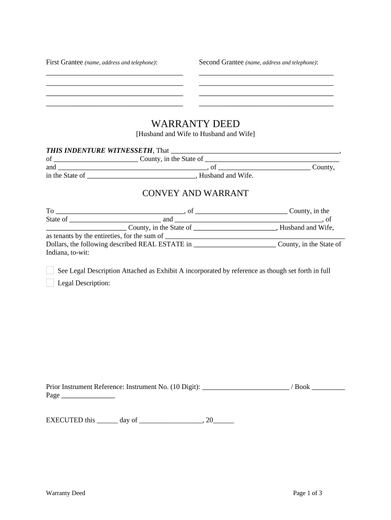 Warranty Deed from Husband and Wife to Husband and Wife Indiana  Form