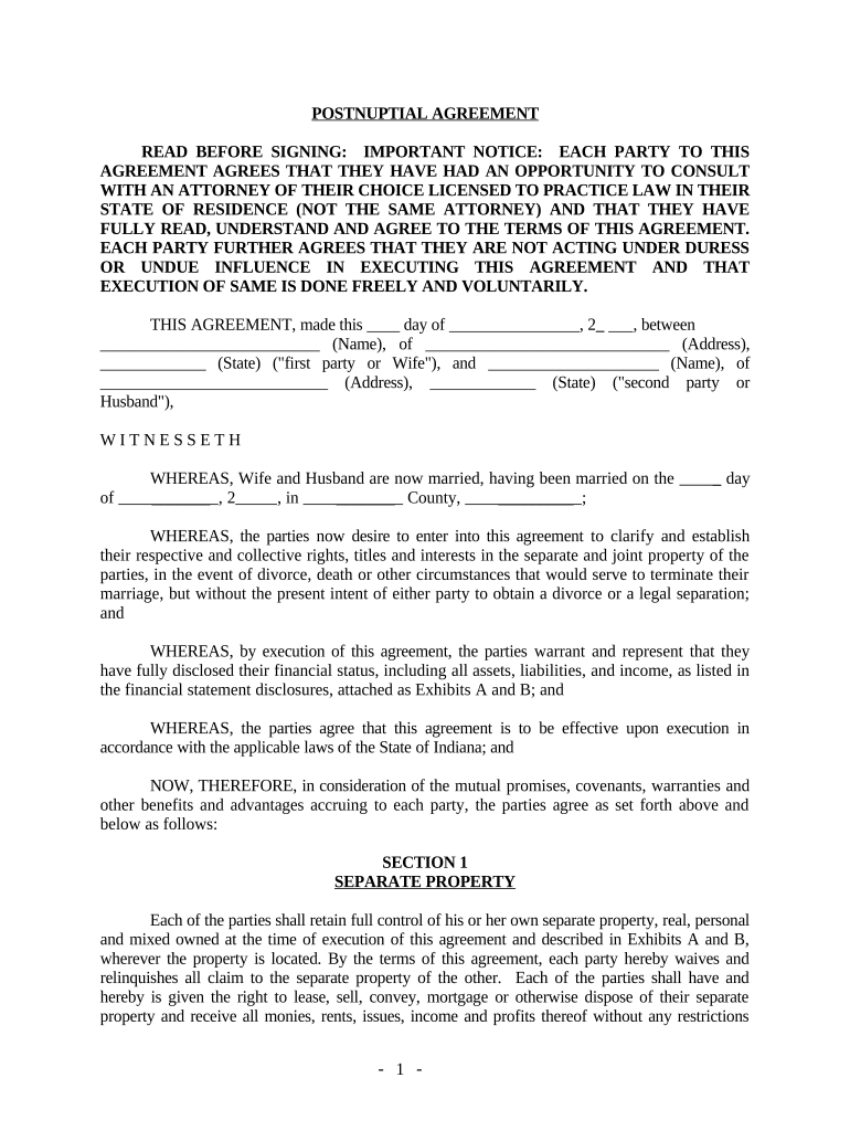Indiana Postnuptial Agreement Form
