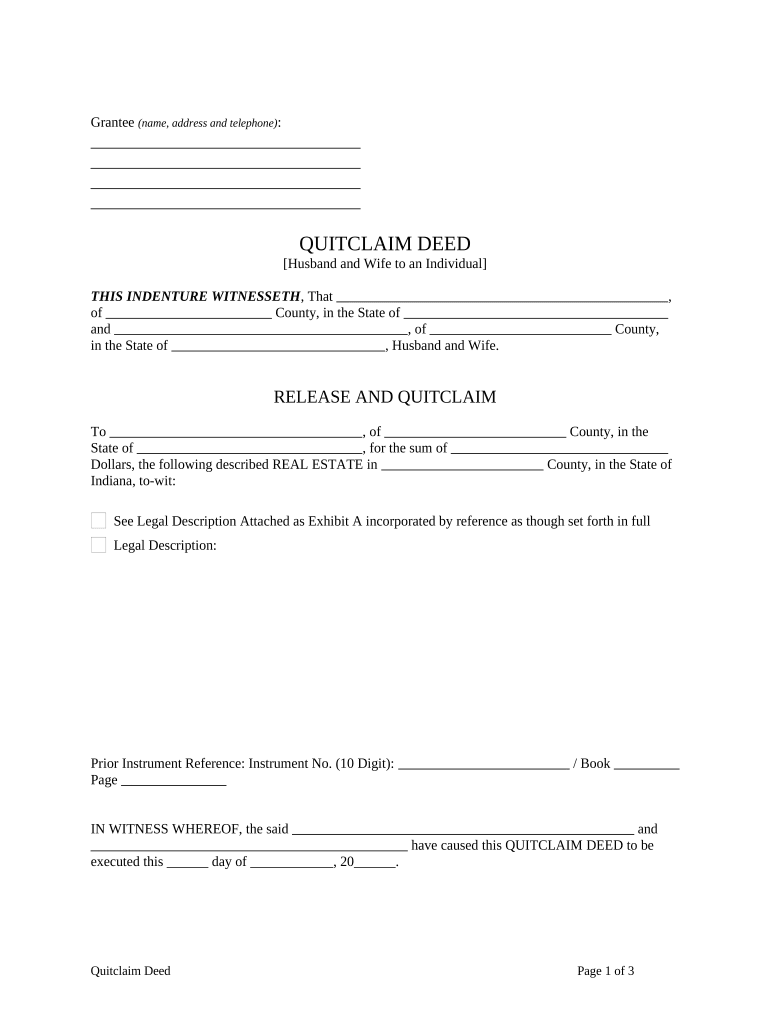 Quitclaim Deed from Husband and Wife to an Individual Indiana  Form