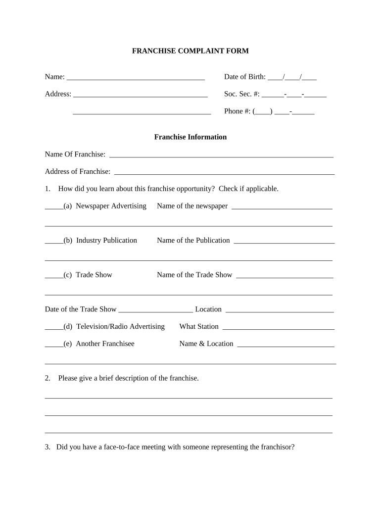 Franchise Complaint Form Indiana