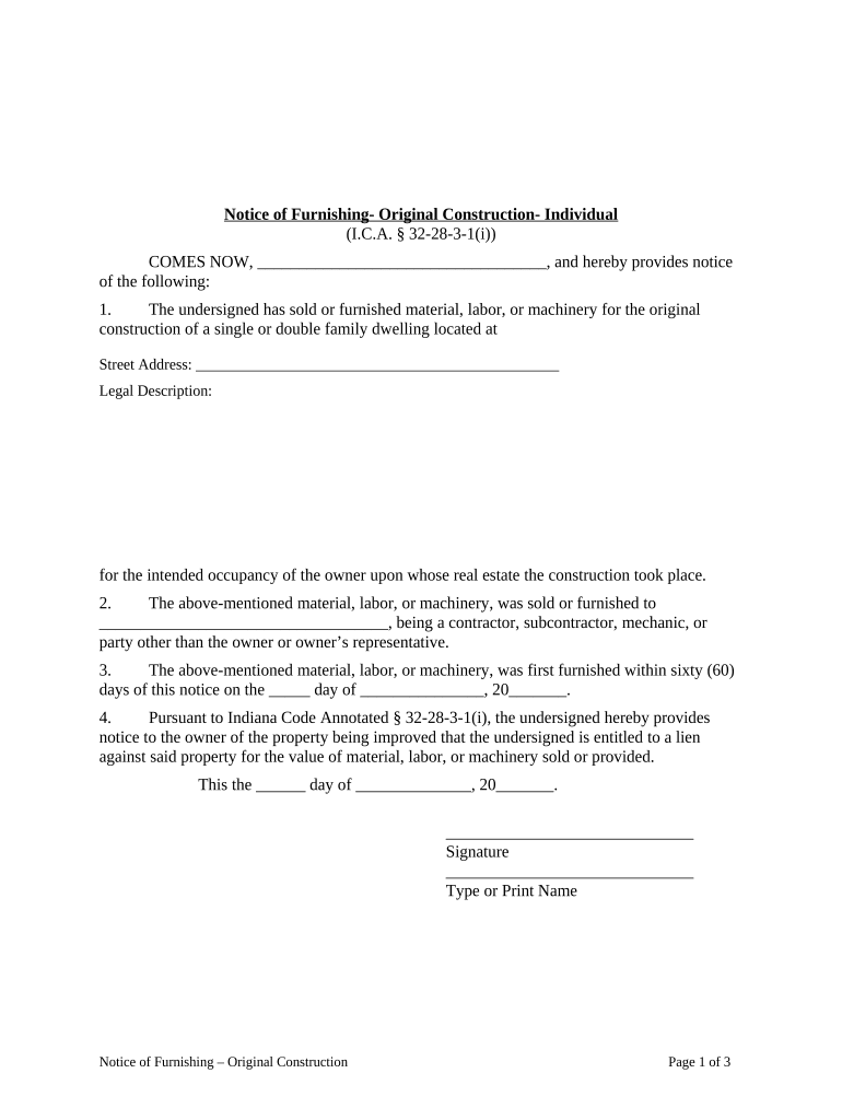 Notice of Furnishing Original Construction Individual Indiana  Form