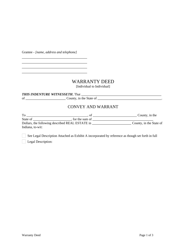Warranty Deed from Individual to Individual Indiana  Form