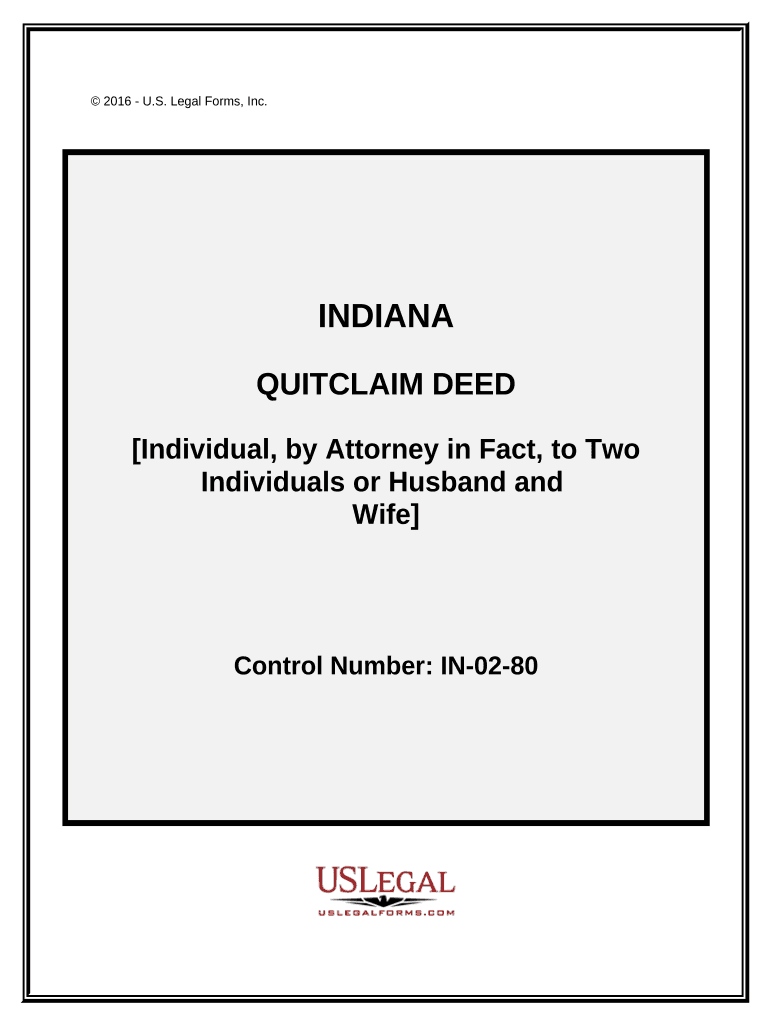 Quitclaim Deed Individual Grantor Acting through an Attorney in Fact to Husband and Wife or Two Individuals as Grantees Indiana  Form