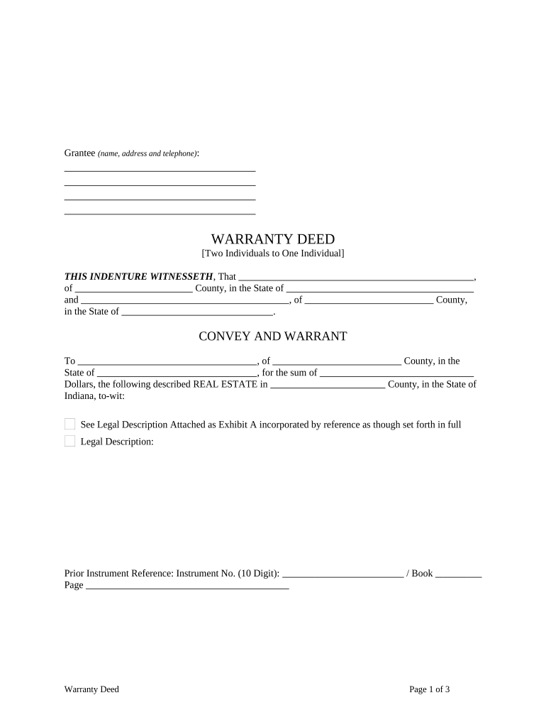 Warranty Deed Two Individuals to One Individual Indiana  Form