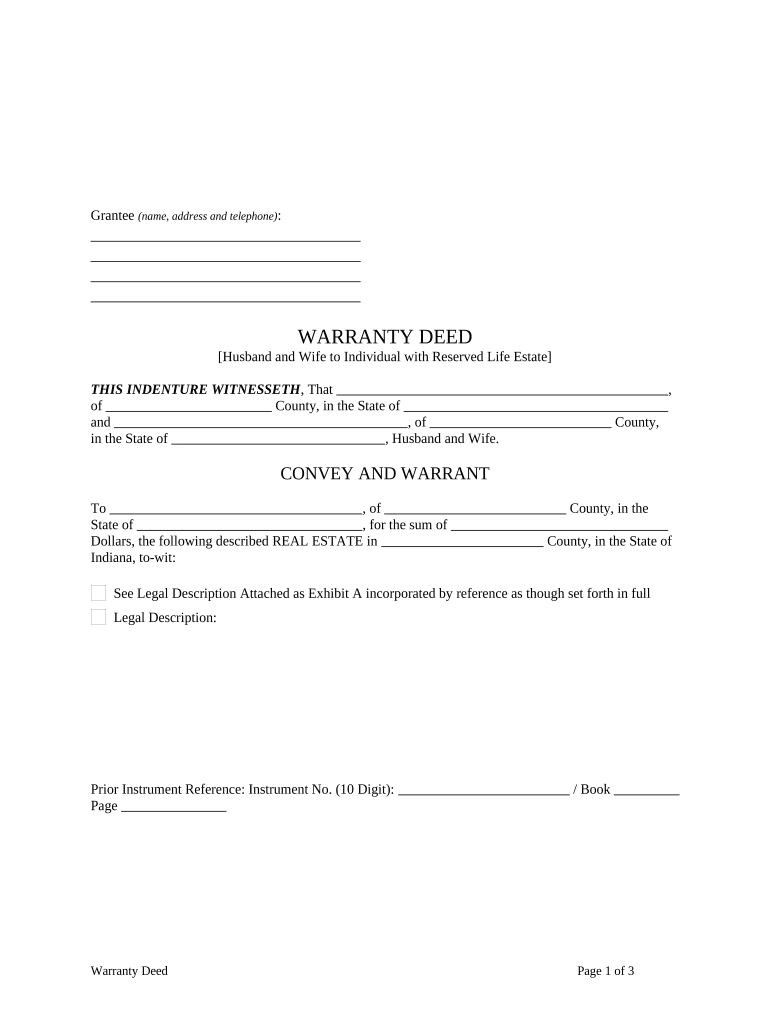 Warranty Deed to Child Reserving a Life Estate in the Parents Indiana  Form