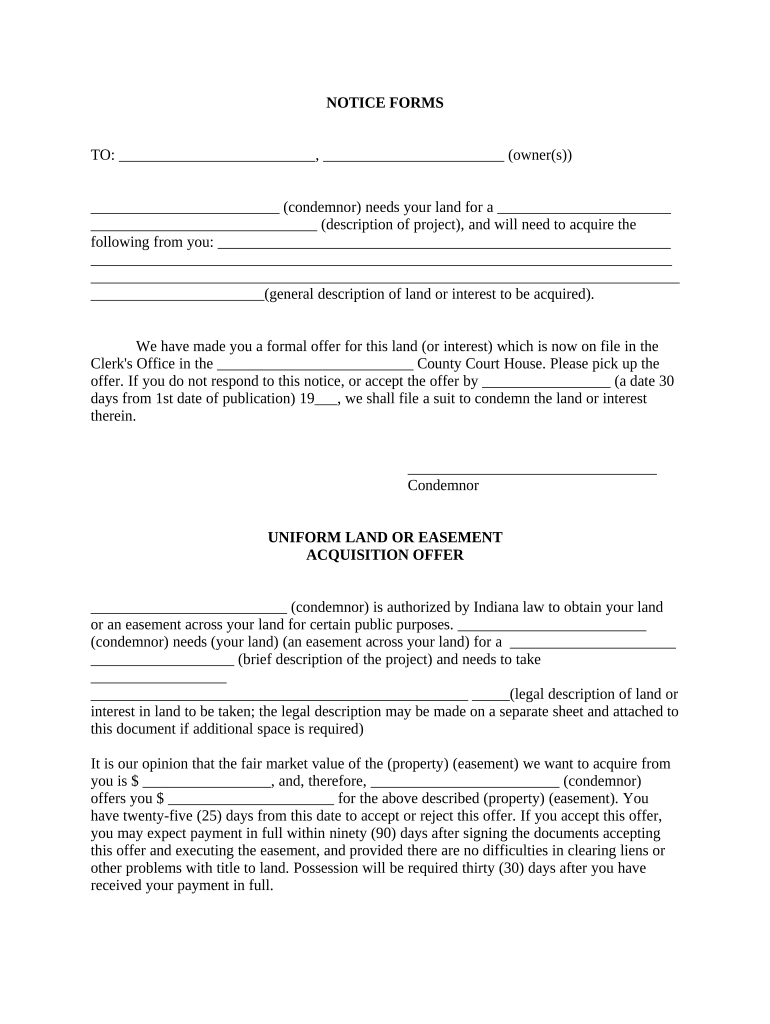 Notice to Landowner, Land or Acquisition Offer Acceptance Form, Etc Indiana