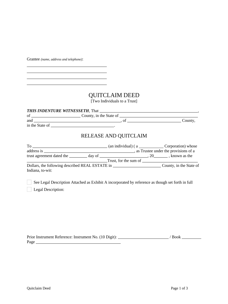 Quitclaim Deed Two Individuals to a Revocable Trust Indiana  Form