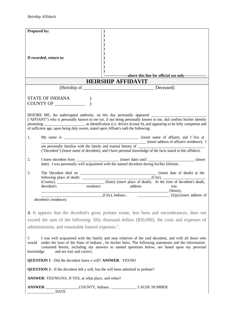 Heirship Affidavit Descent Indiana  Form
