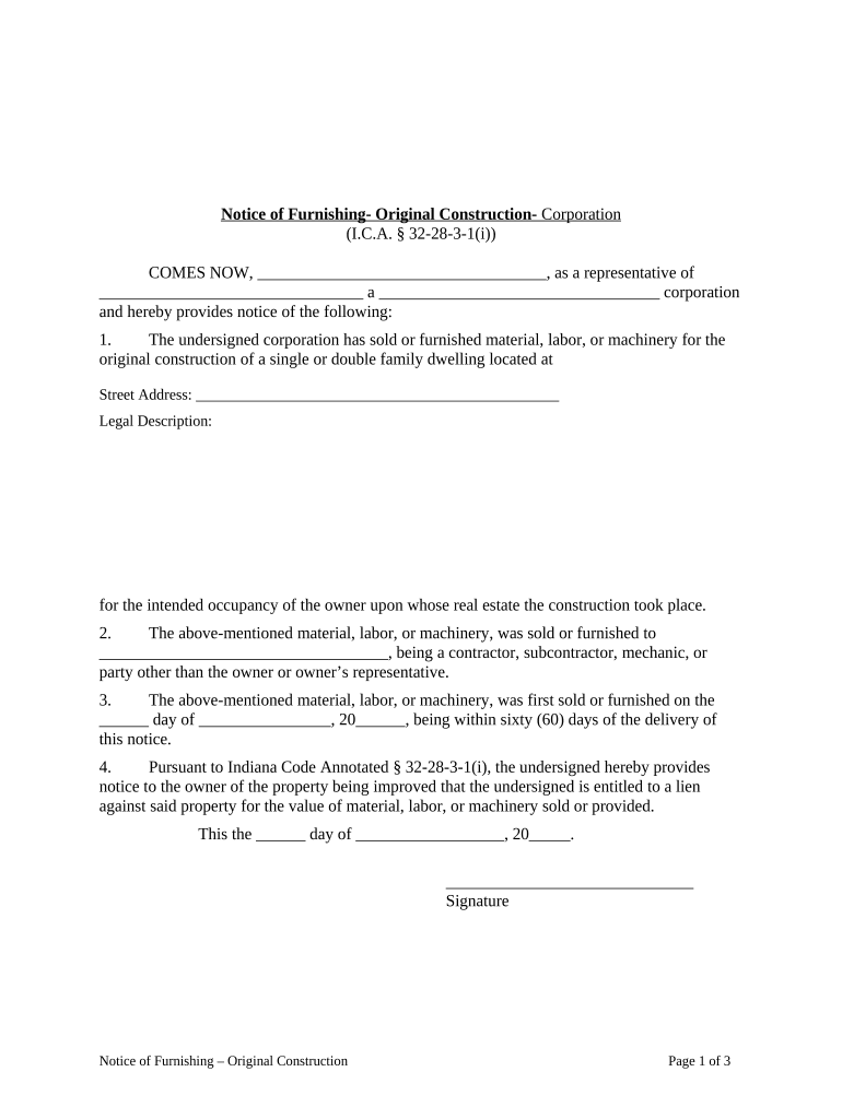 Notice of Furnishing Original Construction Corporation or LLC Indiana  Form