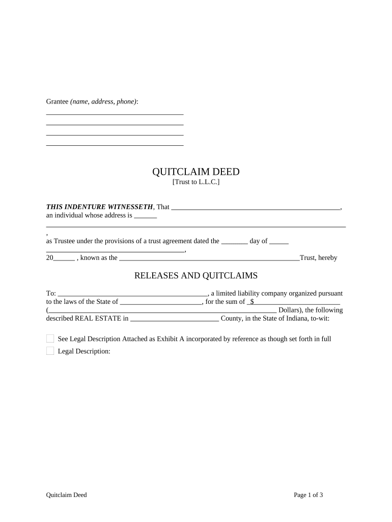 Quitclaim Deed from a Trust to a Limited Liability Company Indiana  Form