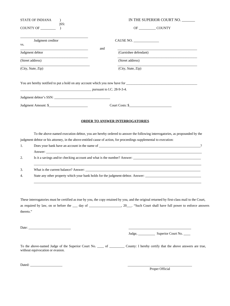 Get and Sign Order to Answer Interrogatories Indiana  Form