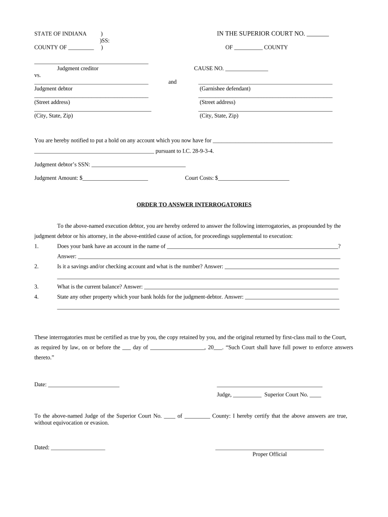 Order to Answer Interrogatories Indiana  Form