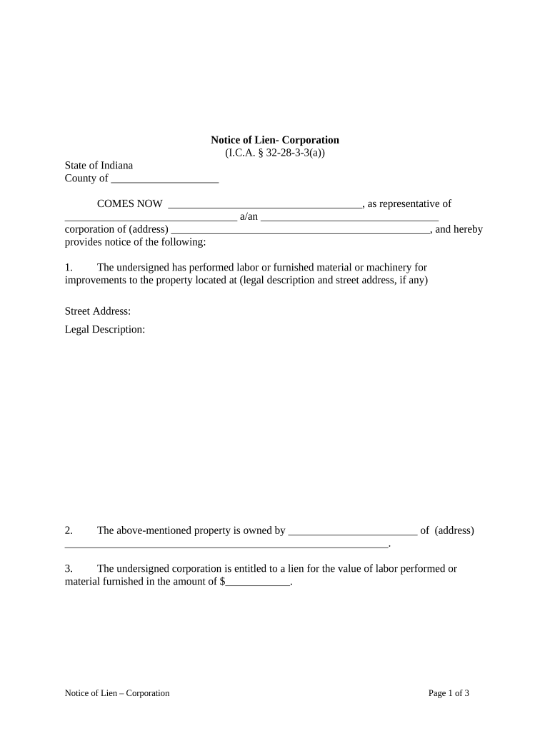 Indiana Notice Lien  Form