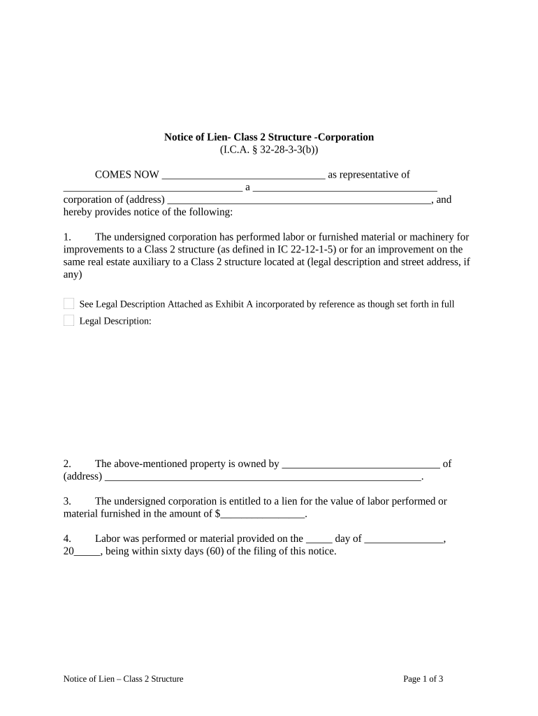 Notice of Lien Class 2 Structure Corporation or LLC Indiana  Form