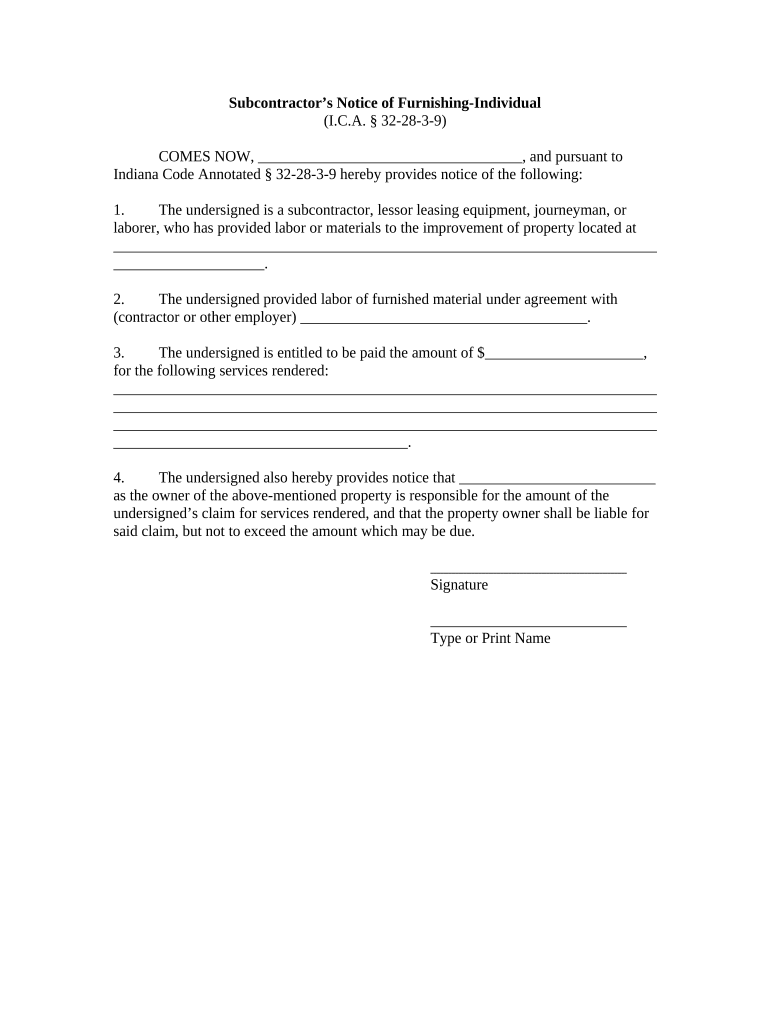 Subcontractor's Notice of Furnishing Individual Indiana  Form