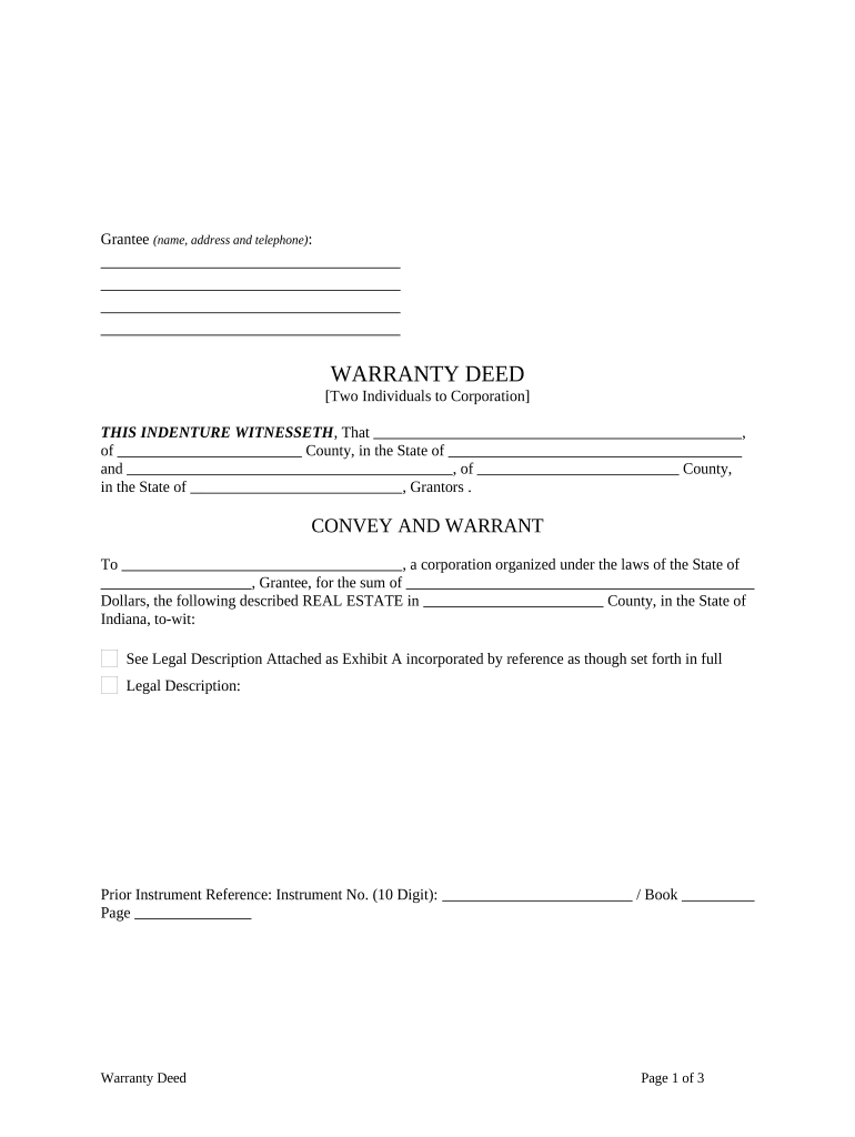 Warranty Deed from Two Individuals to Corporation Indiana  Form
