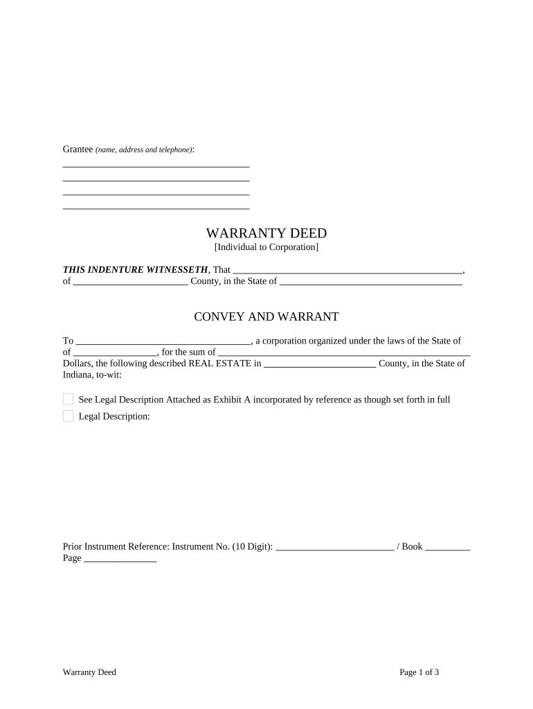 Warranty Deed from Individual to Corporation Indiana  Form