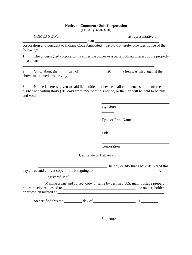 Notice to Commence Suit Corporation or LLC Indiana  Form
