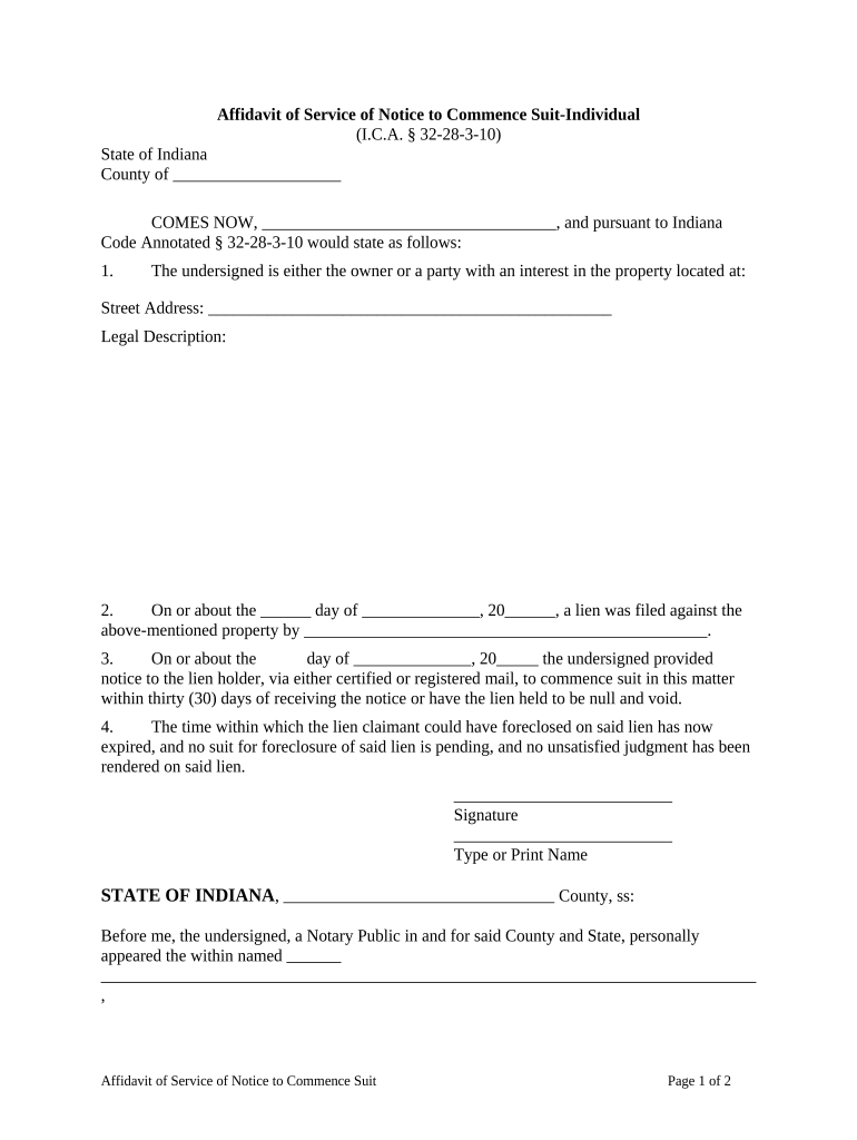 Indiana Notice Suit  Form