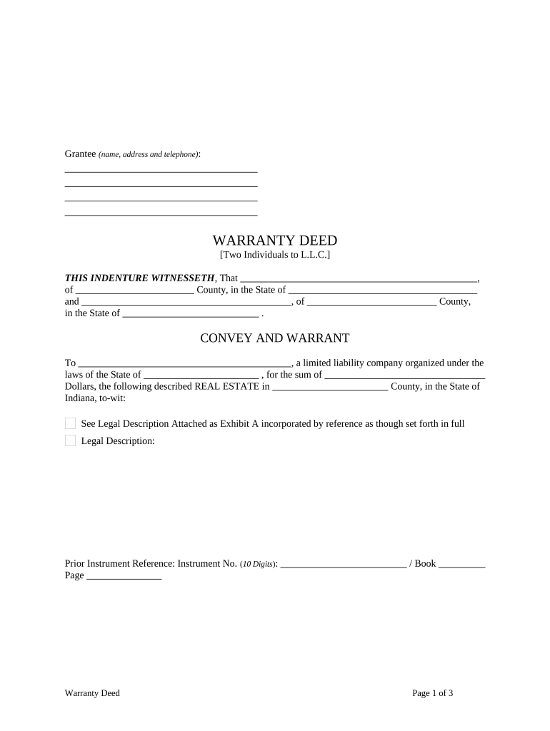 Warranty Deed from Two Individuals to LLC Indiana  Form