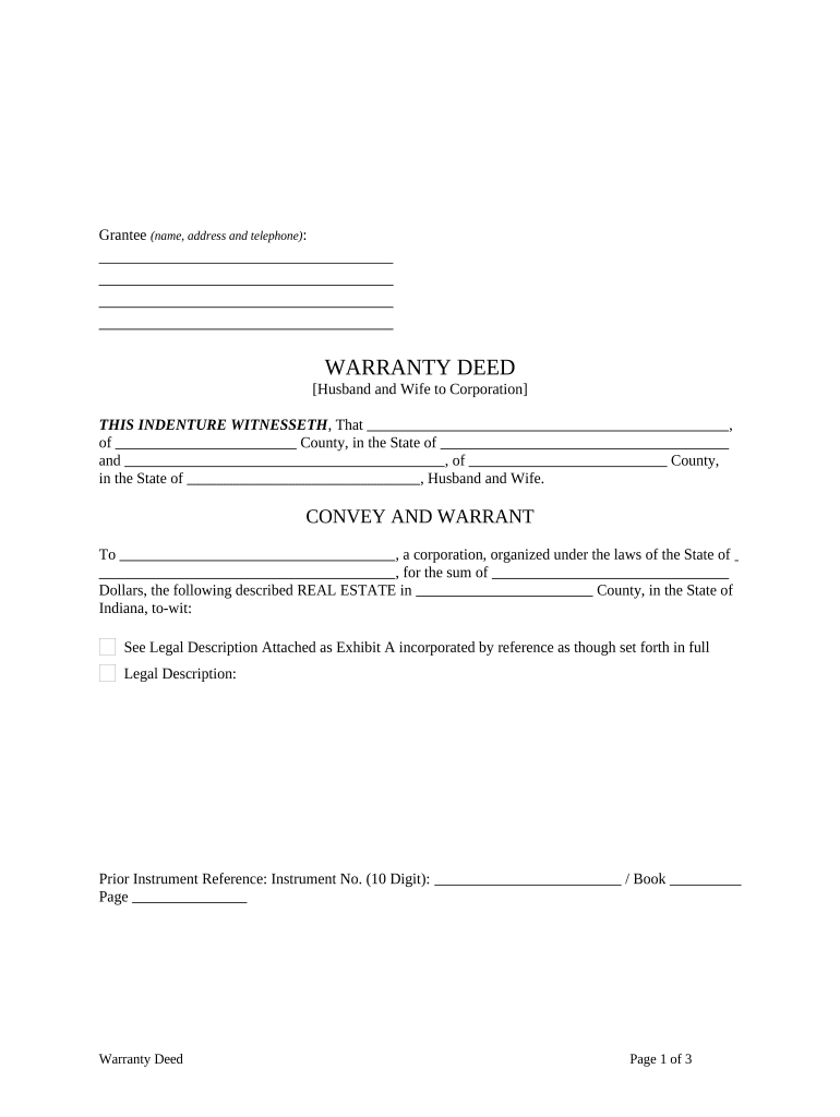 Warranty Deed from Husband and Wife to Corporation Indiana  Form