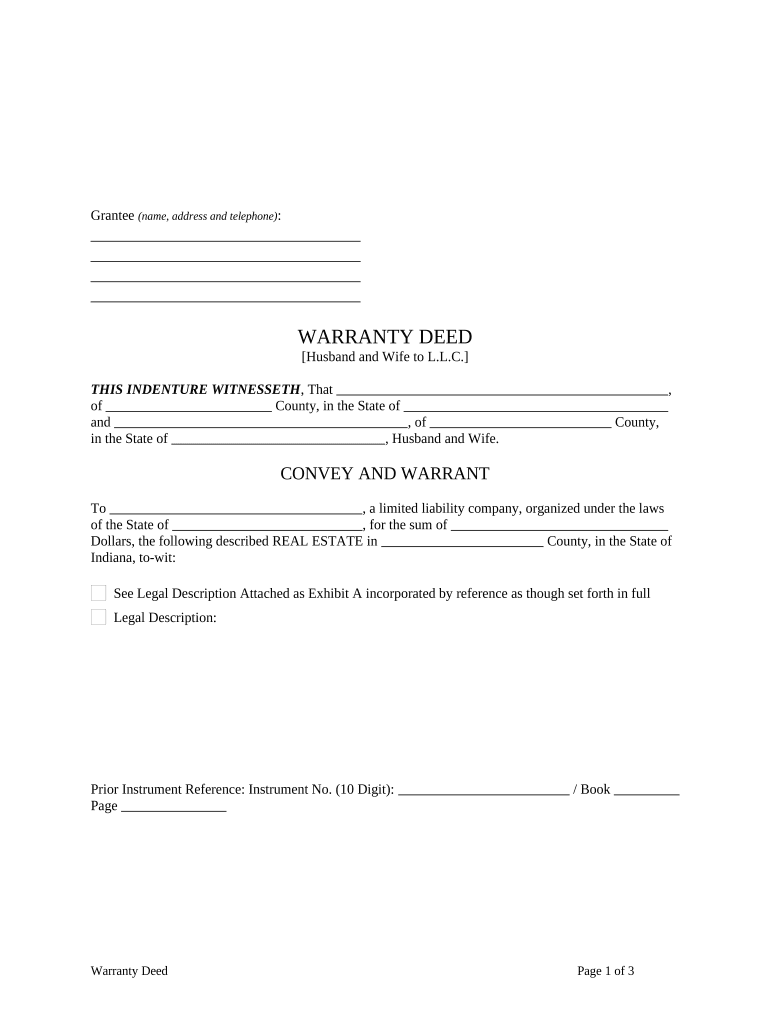 Warranty Deed from Husband and Wife to LLC Indiana  Form