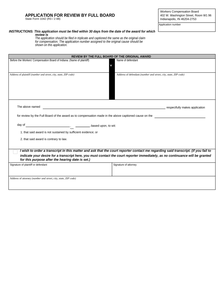 Application for Review by Full Board for Workers' Compensation Indiana  Form