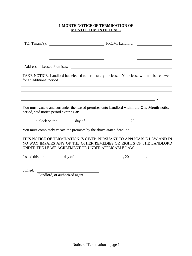 1 Month Notice to Terminate Month to Month Lease from Landlord to Tenant Indiana  Form