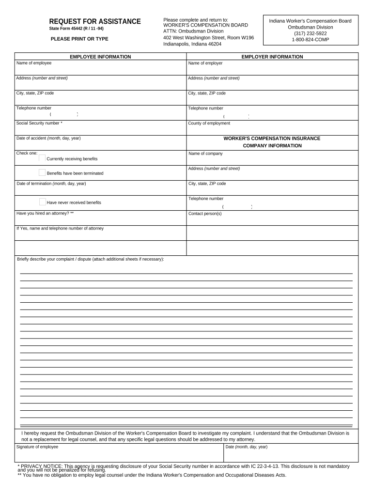 Request for Assistance for Workers' Compensation Indiana  Form