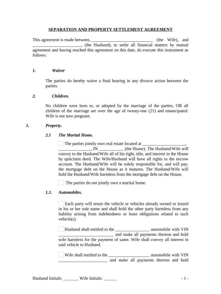 Indiana Marital Agreement  Form