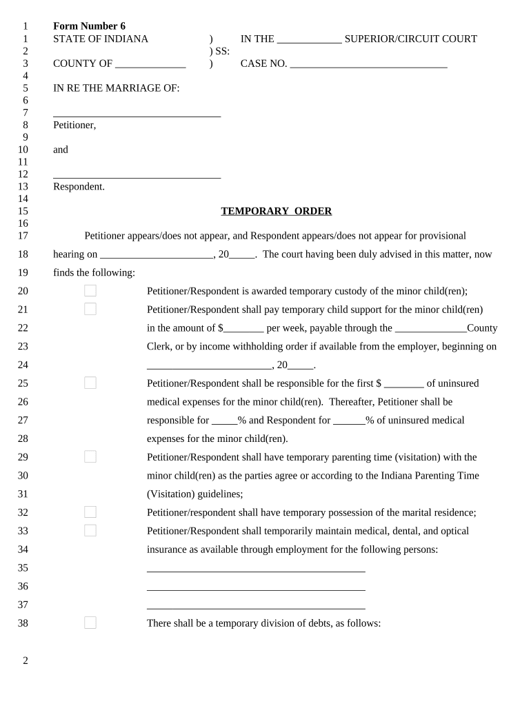 Indiana Temporary Order  Form