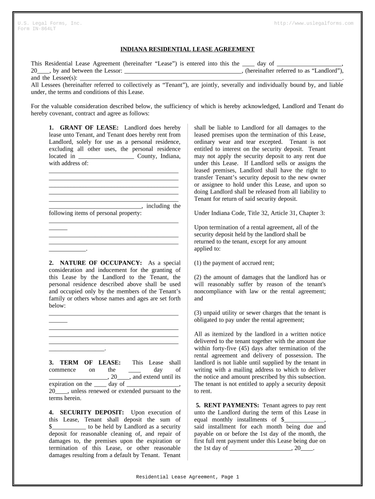 Residential Rental Lease Agreement Indiana  Form