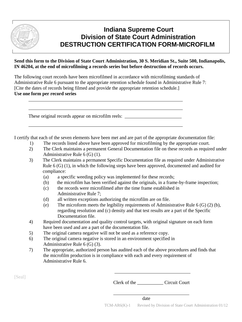 Destruction Certification Form Indiana