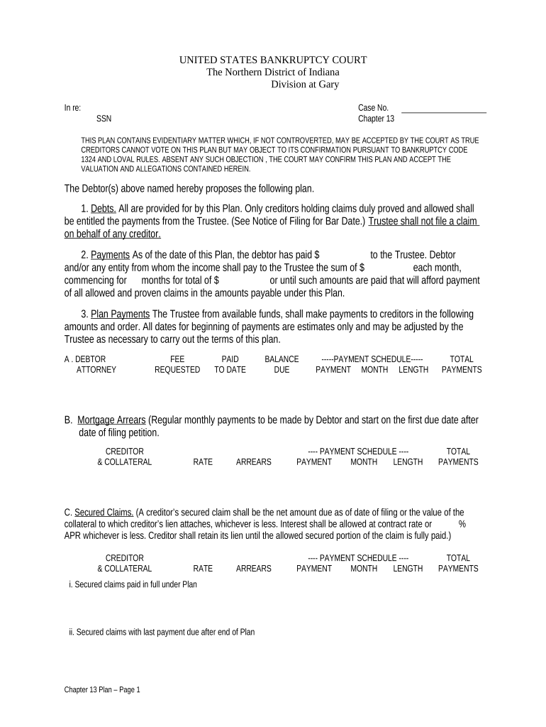 13 Bankruptcy Indiana  Form