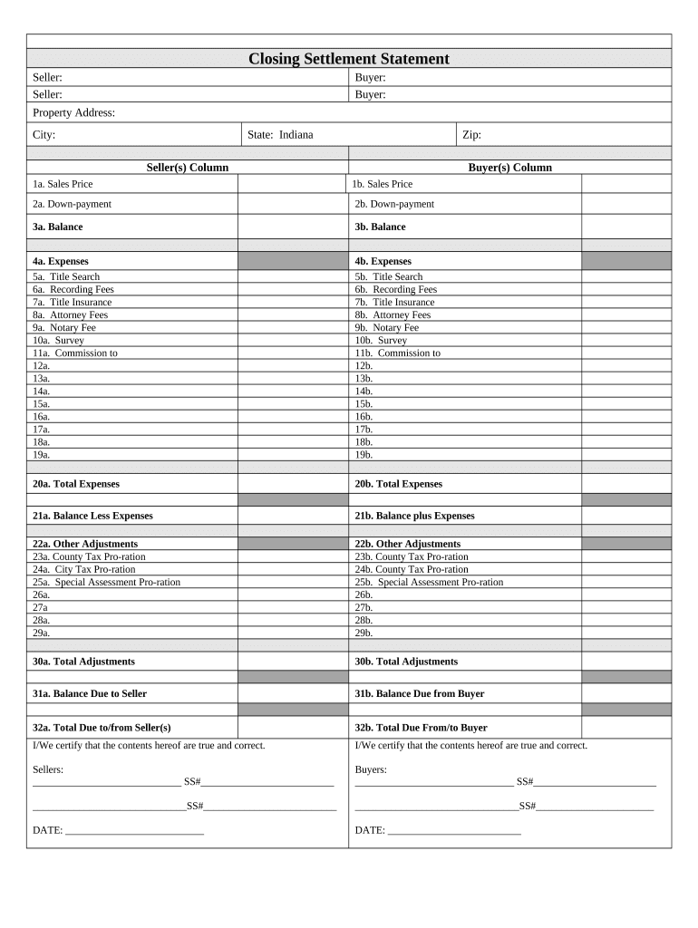 Indiana Closing  Form