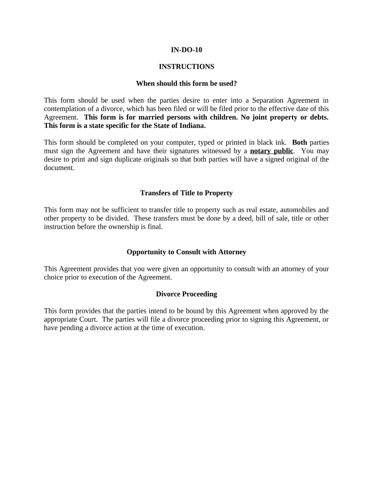 Marital Legal Separation and Property Settlement Agreement Minor Children No Joint Property or Debts Where Divorce Action Filed   Form