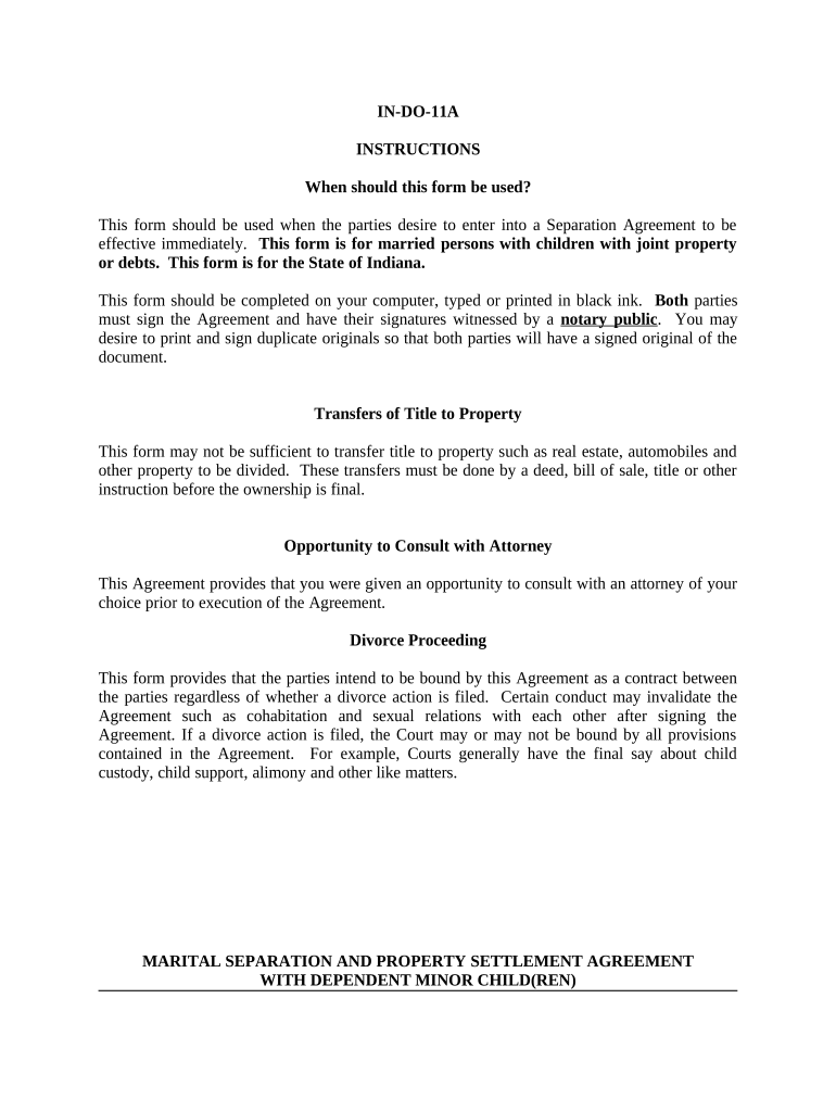 Marital Legal Separation and Property Settlement Agreement Minor Children Parties May Have Joint Property or Debts Effective Imm  Form