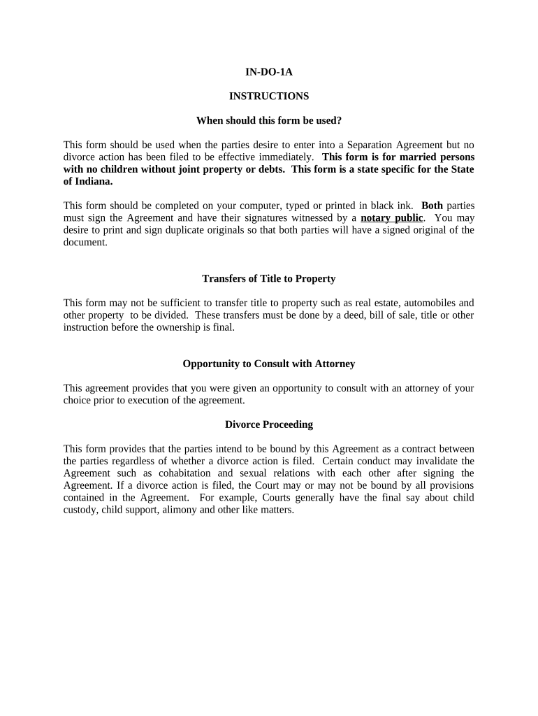 Marital Legal Separation and Property Settlement Agreement for Persons with No Children, No Joint Property, or Debts Effective I  Form