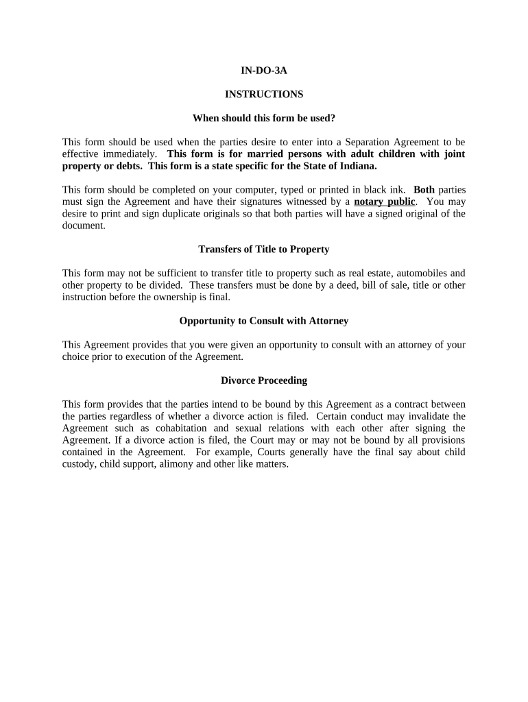 Marital Legal Separation and Property Settlement Agreement Adult Children Parties May Have Joint Property or Debts Effective Imm  Form