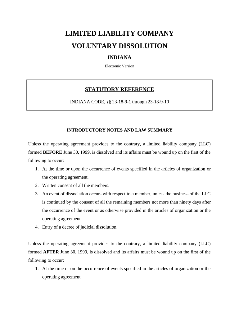 Indiana Dissolution Package to Dissolve Limited Liability Company LLC Electronic Version Indiana  Form