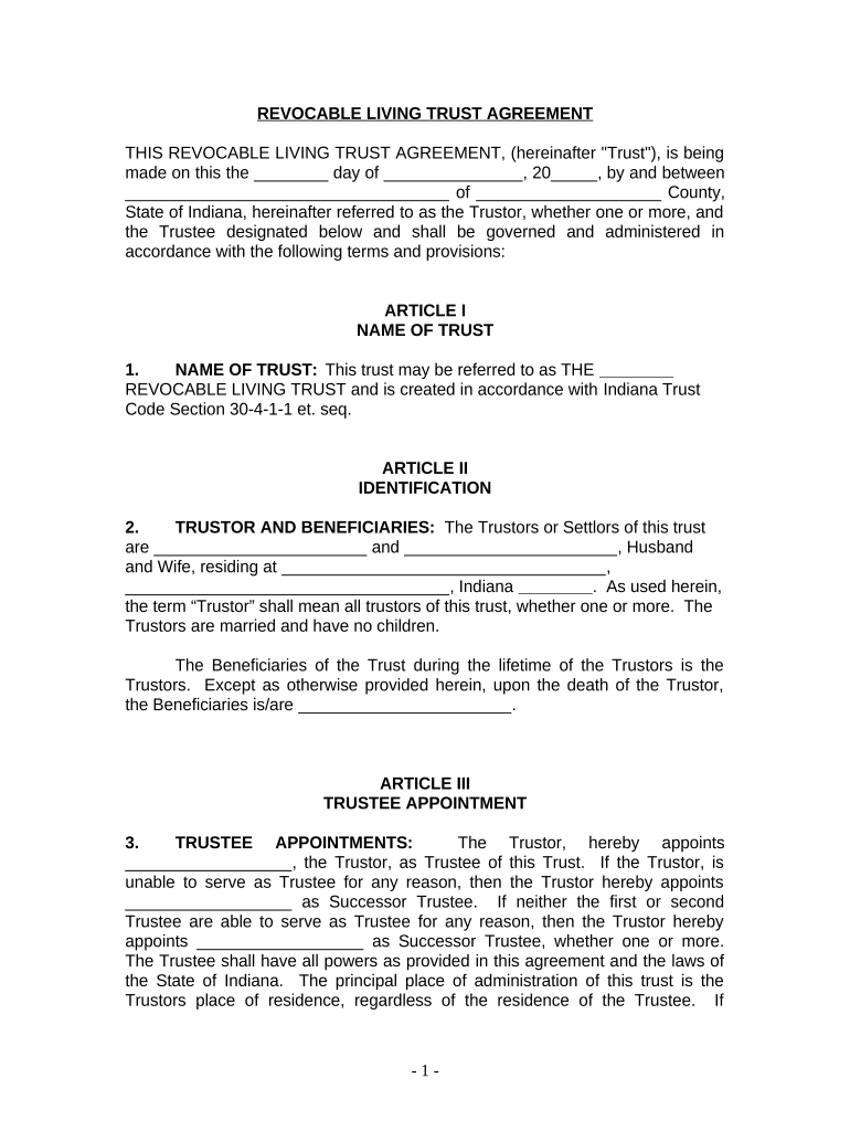 Living Trust for Husband and Wife with No Children Indiana  Form