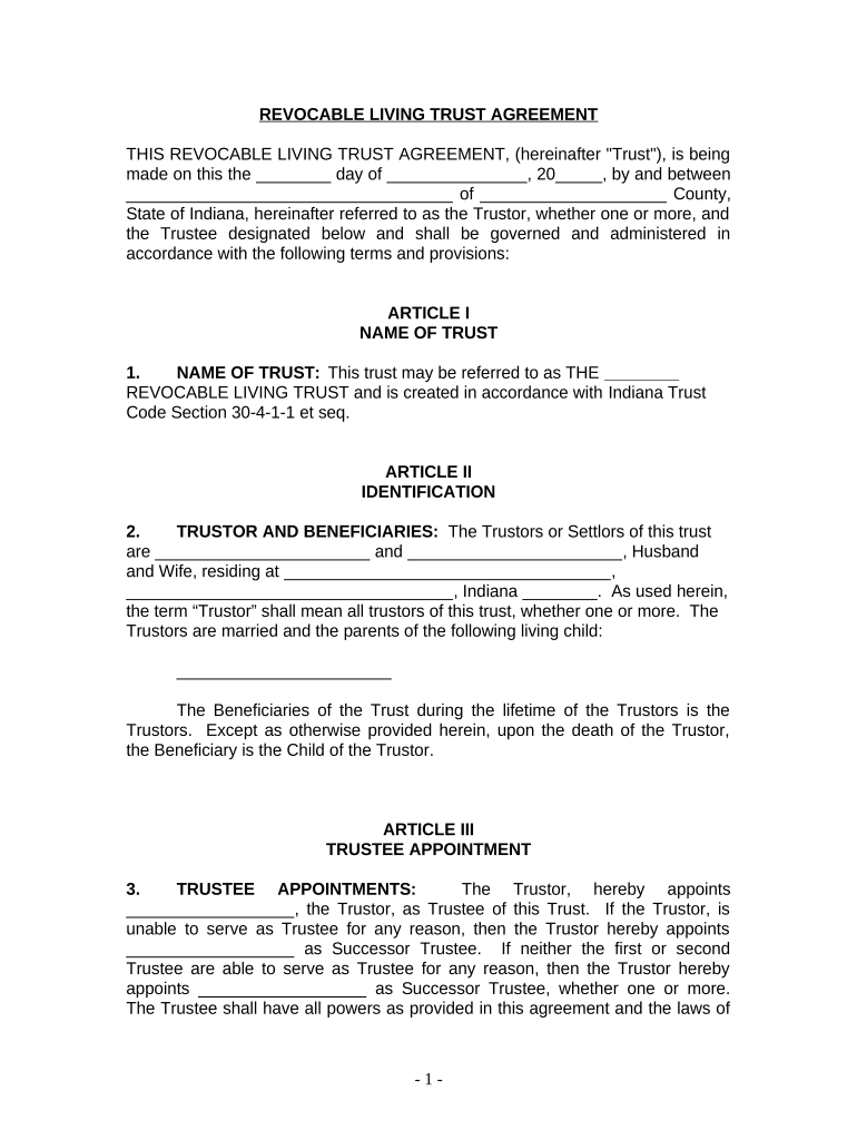 Living Trust for Husband and Wife with One Child Indiana  Form