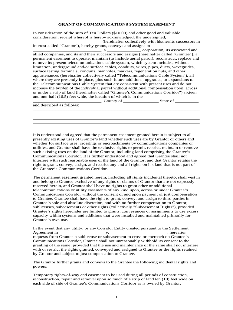 Grant of Communications System Easement to Operate Cable System Indiana  Form