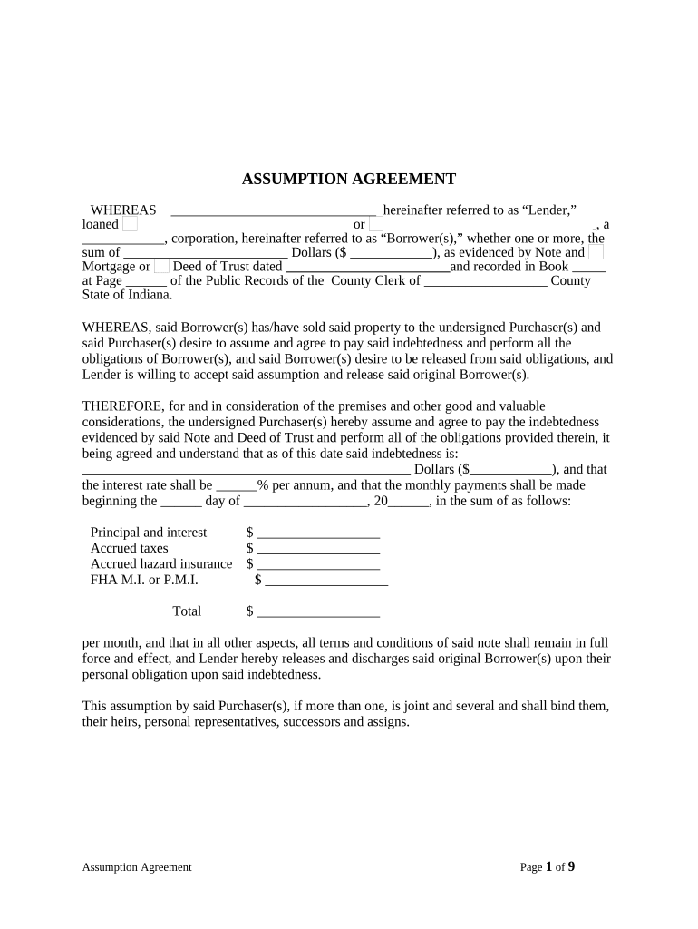 Assumption Agreement of Mortgage and Release of Original Mortgagors Indiana  Form